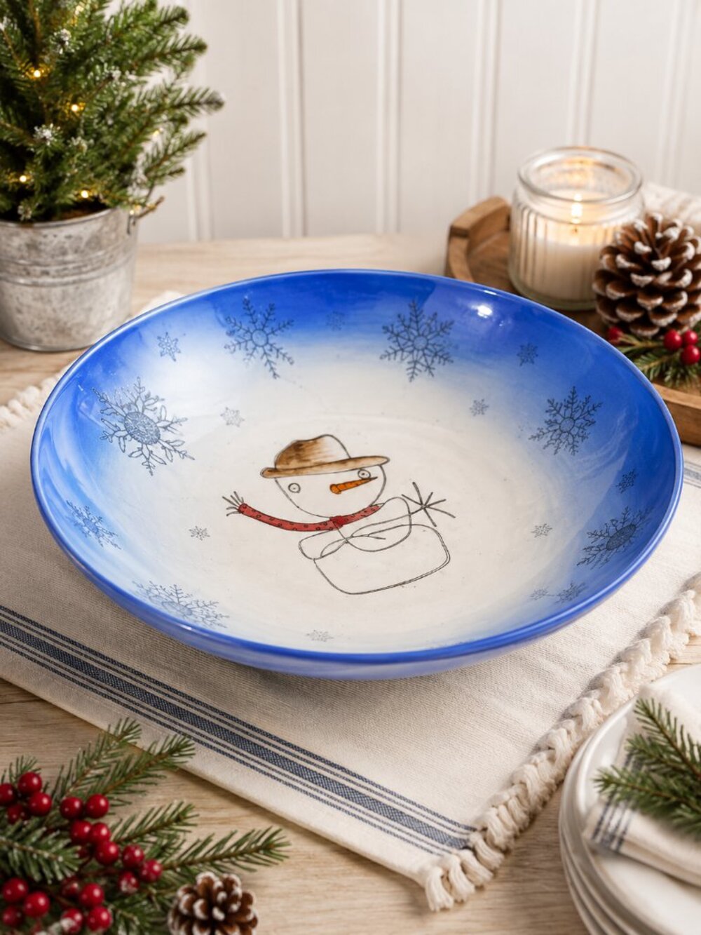 Beaver Farm Pottery Cowboy Snowman Serving Bowl 15 Inch Blue Ceramic NIB